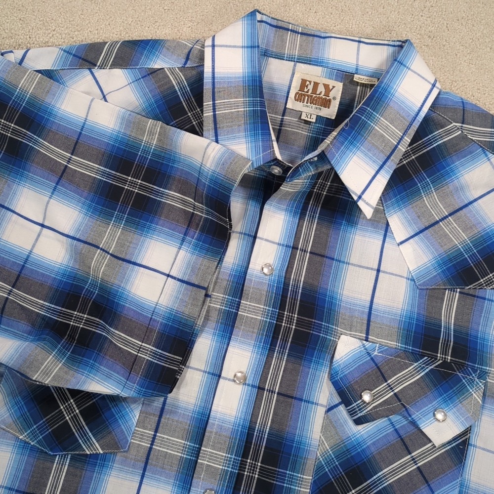 Vintage Ely Cattleman Shirt Mens XL Extra Large Blue Pearl Snap Button Up Shadow
